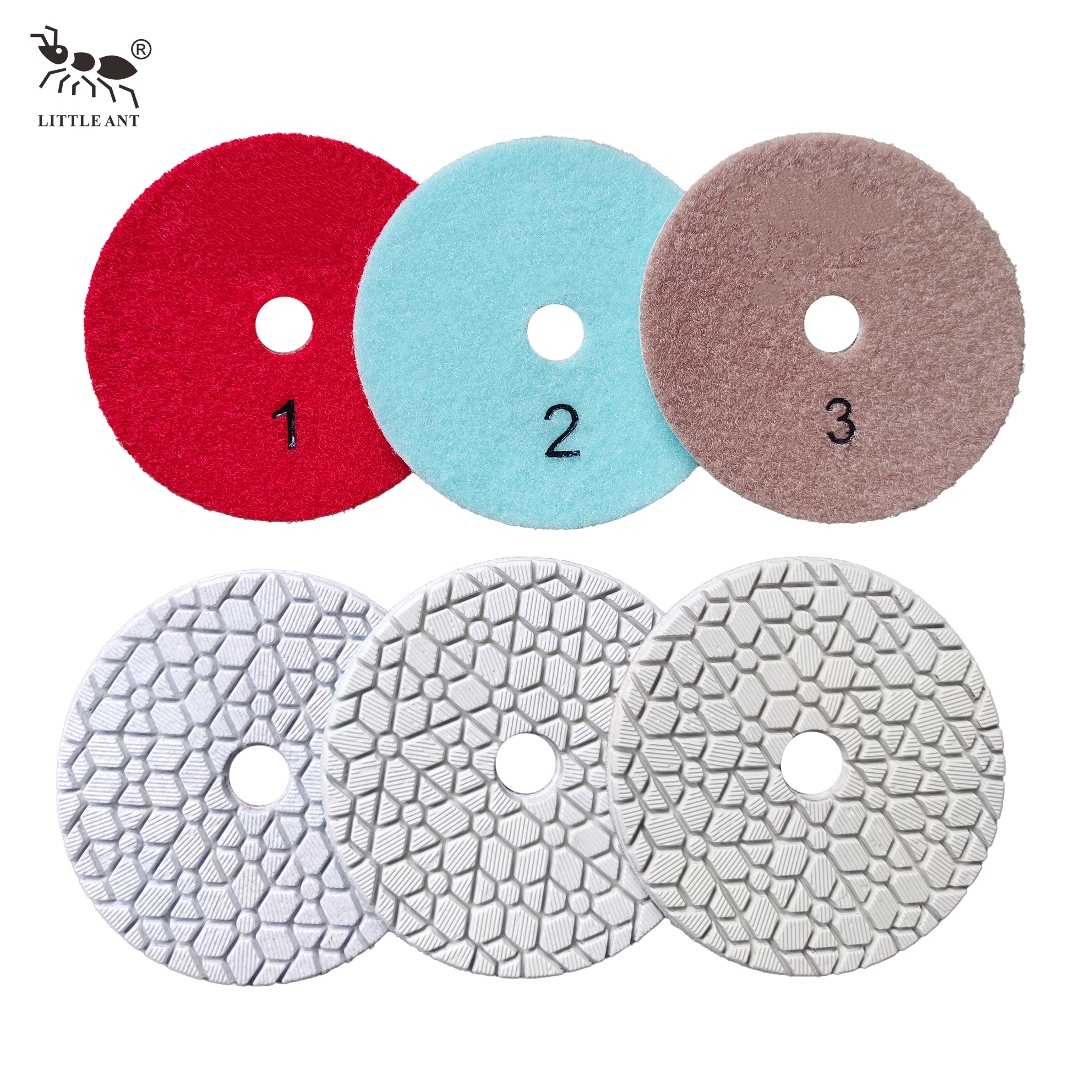 LITTLE ANT 3 Steps Pillar Diamond Wet Polishing Pad Flexible for Stone Marble Granite Terrazzo Limestone Concrete